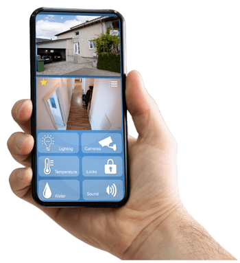 Person holding a phone with views of security cameras and smart controls